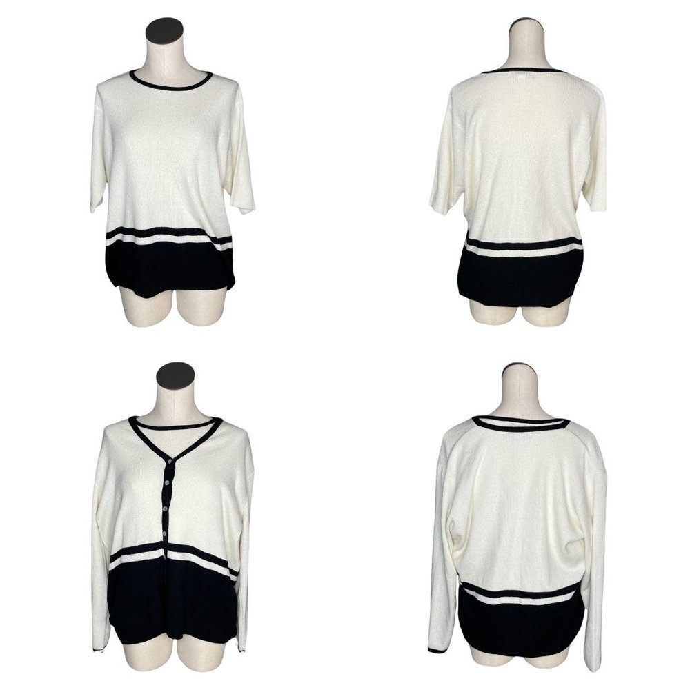 Vintage August Max Woman Cardigan Short Sleeve Top Set Off White Black Size X - Picture 3 of 13